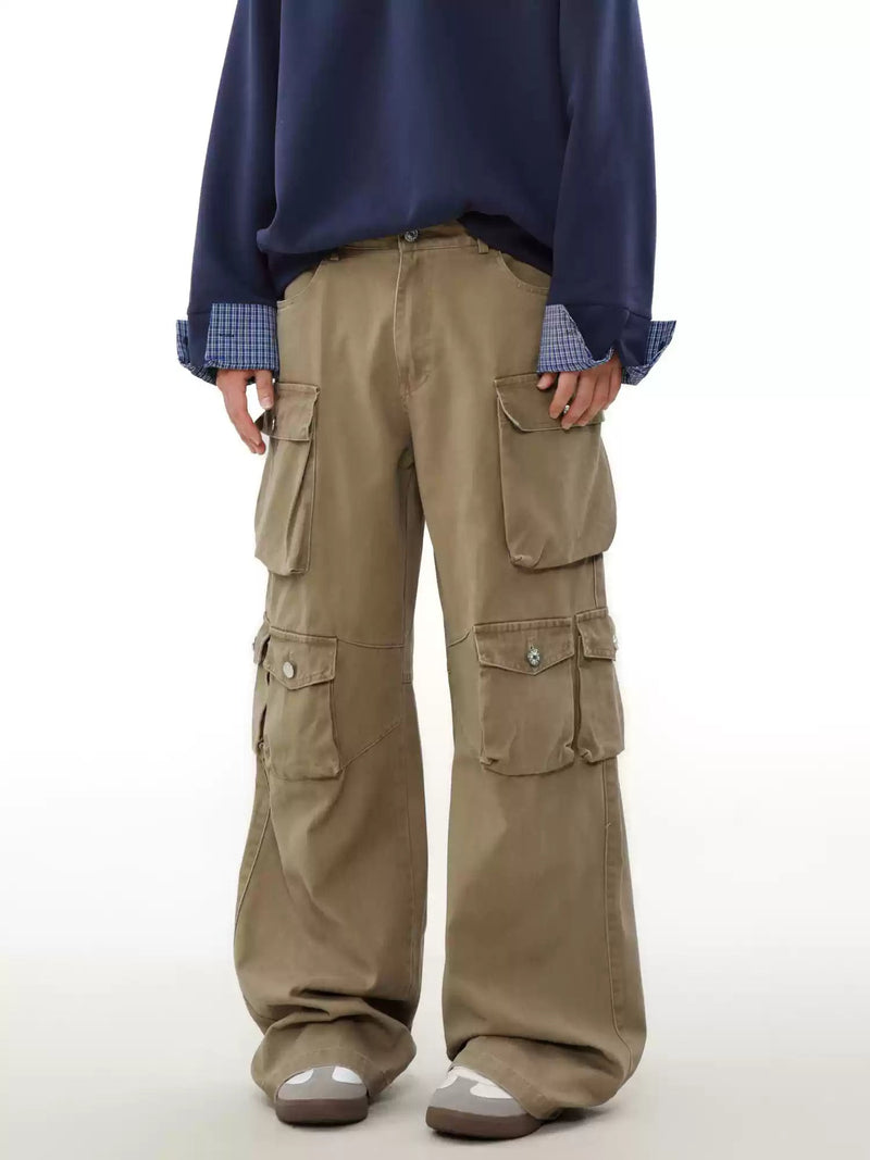 Multiple Utility Pockets Khaki Wide-leg Cargo Pants