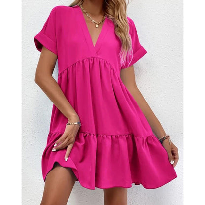 Color Loose Waist Midi Dress V Neck Dress for