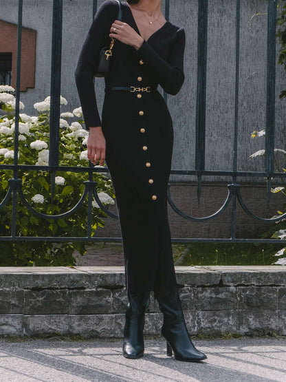 Autumn Winter Long Sleeve Knitted Dress Button Split Russia Hip Wrapped Sweater Cardigan Dress No Belt