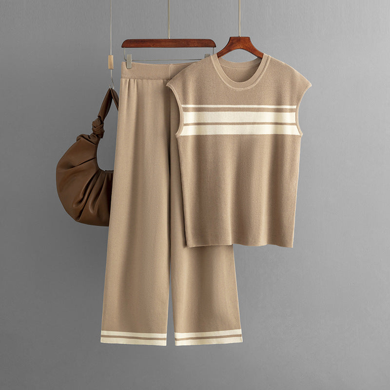 Suit Loose Contrast Color Striped Sleeveless Top High Waist Wide Leg Pants Two Piece Set