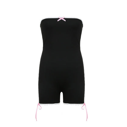 Summer Simplicity Bow Girl Lace Stitching Tube Top Jumpsuit Shorts