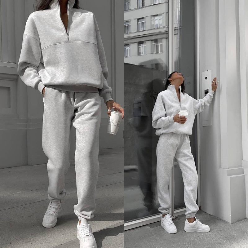 Long Sleeved Zipped Stand Collar Sweater Suit Autumn Winter Comfort Loose Sports Sweater Two Piece Set