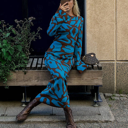 Autumn Winter Clothing Autumn Crew Neck Bell Sleeve Vertical Sesame Bottom Jacquard Slim Maxi Dress