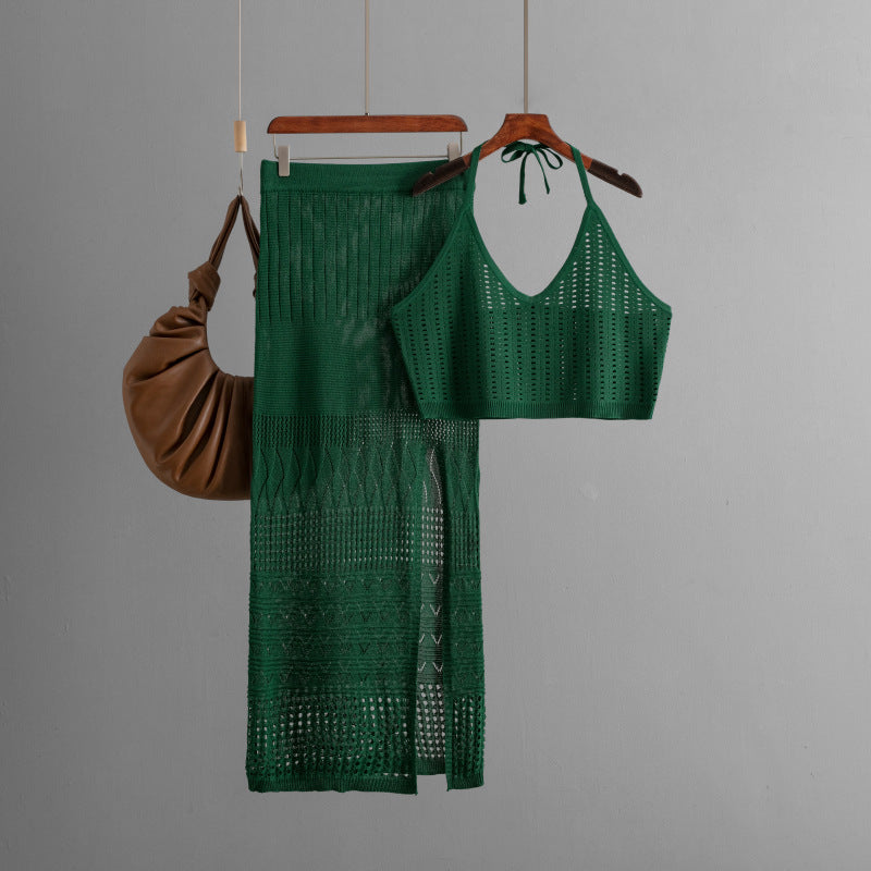 Clothes Short Summer Vest Top Two Piece High Waist Slimming Hollow Out Cutout Split Hip Skirt