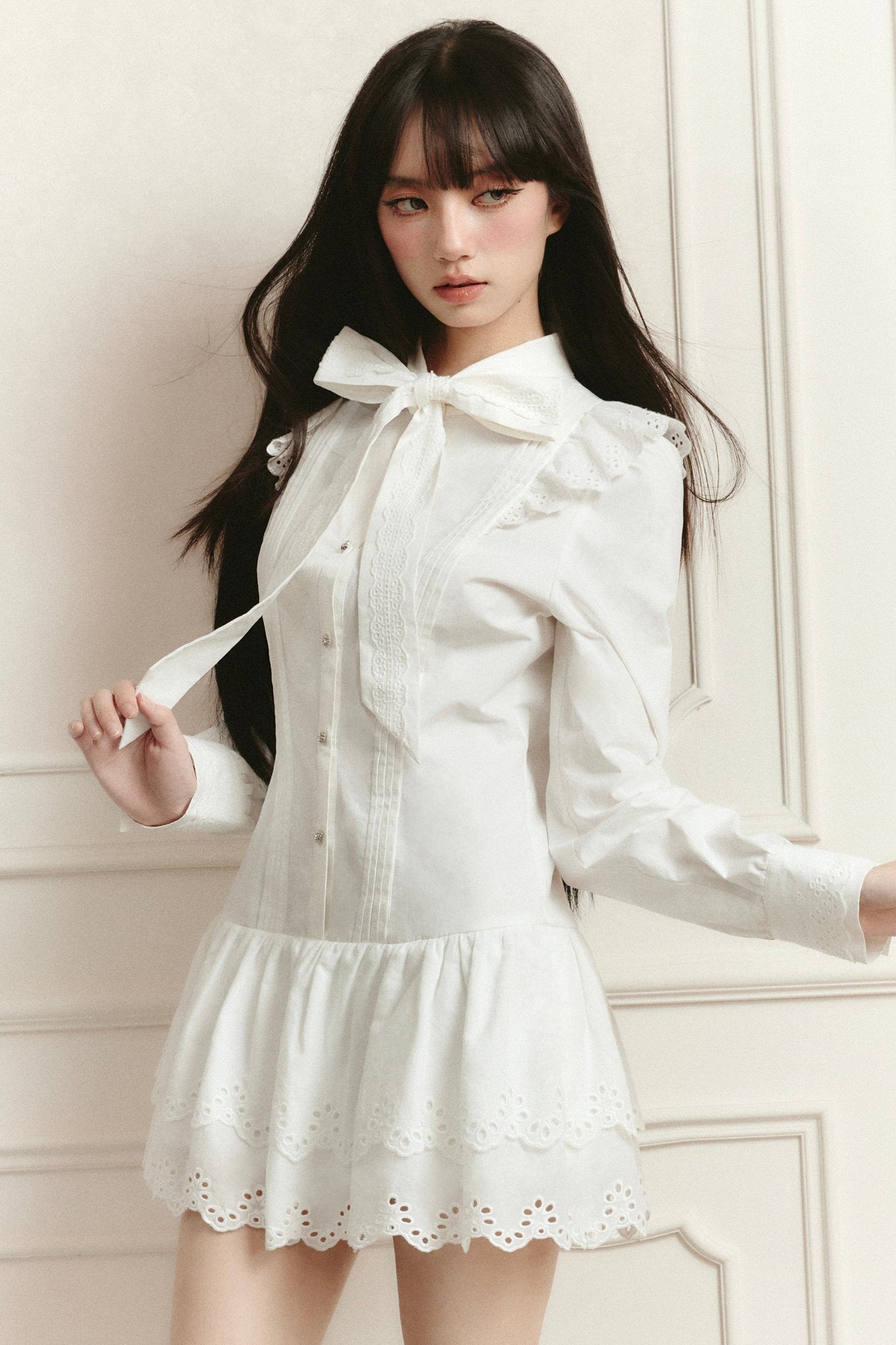 Romantic White Lace Mini Dress With Bow Tie Collar and Scalloped Hem