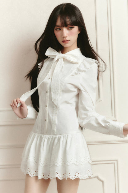 Romantic White Lace Mini Dress With Bow Tie Collar and Scalloped Hem