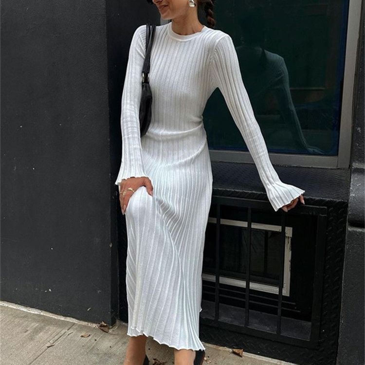 Long Sleeve Round Neck Tight Knitted Dress Autumn Sweater Dress Sunken Stripe Color Base Dress