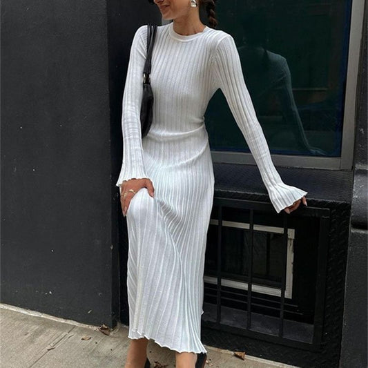 Long Sleeve Round Neck Tight Knitted Dress Autumn Sweater Dress Sunken Stripe Color Base Dress