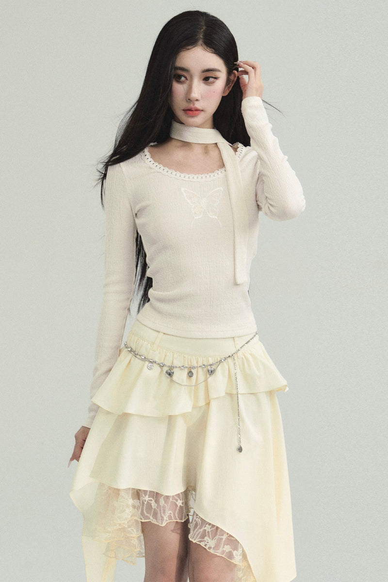 Ethereal Ivory Ensemble: Asymmetric Ruffled Midi Skirt & Choker-neck Fitted Sweater Set