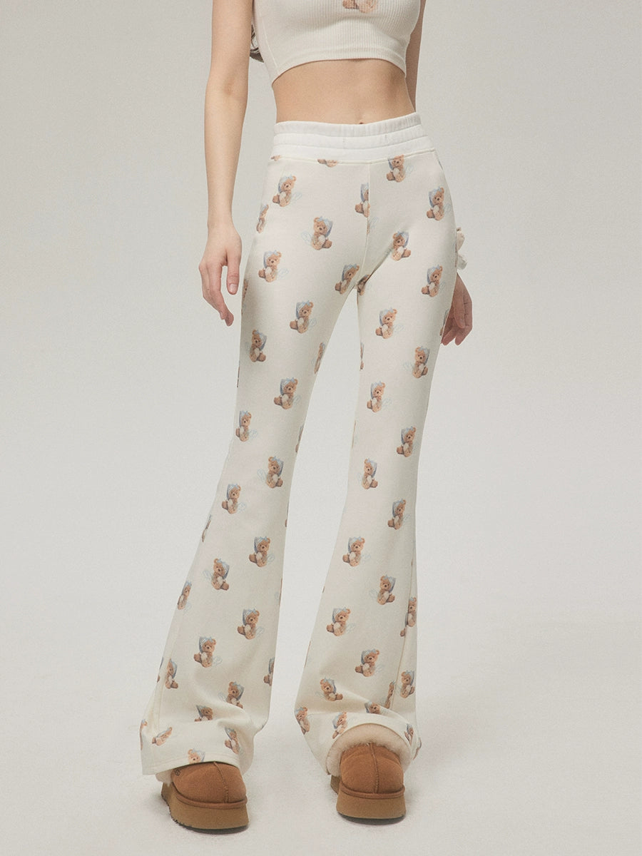 Bear Print Pants With Subtle Flare Leg