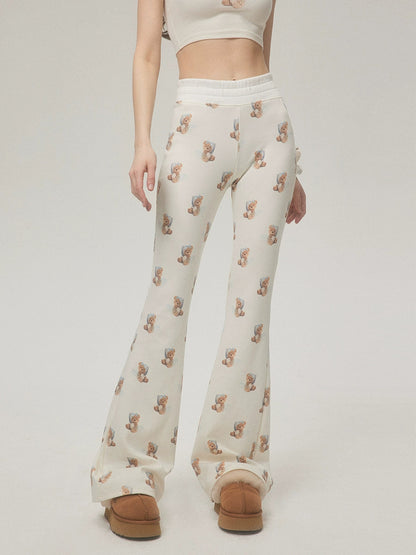 Bear Print Pants With Subtle Flare Leg