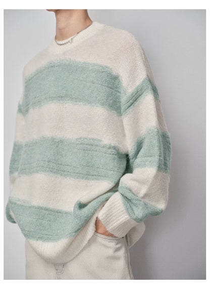 Irregular Wide-striped Oversized Round Neck Sweater