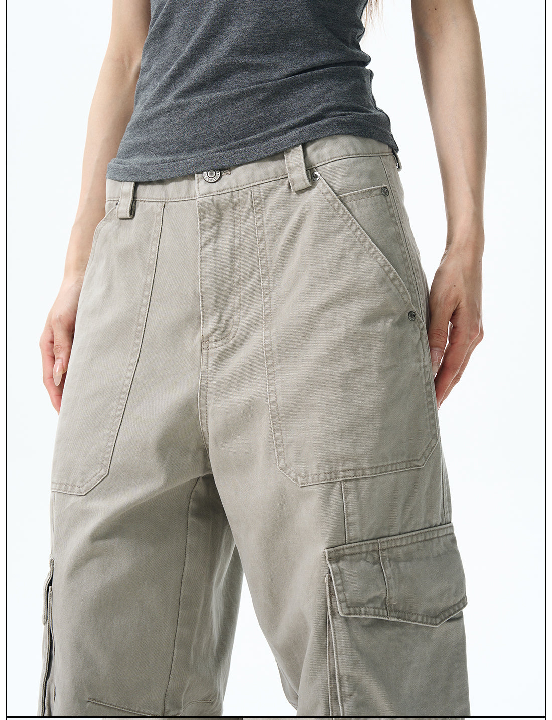 Wide Leg Cargo Pants in Beige & Black
