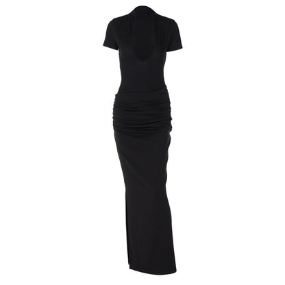 Winter Clothing Deep V Plunge Short Sleeve Color Pleated Maxi Dress