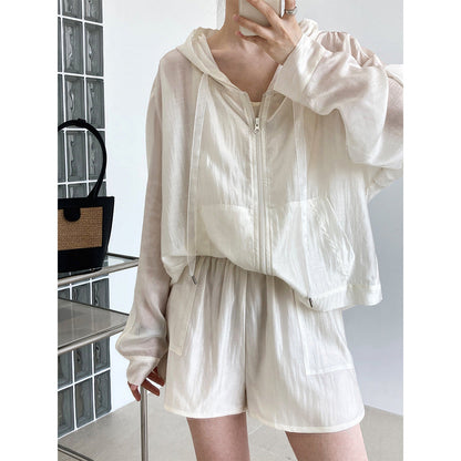 Hooded Tencel Sun Protection Clothing Shorts Two Piece Summer Thin Outdoor Sports Set