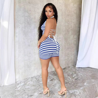 Clothing Summer Striped Printed Halter Backless Siamese Shorts
