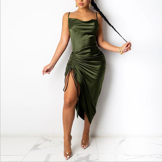 Summer Clothes Lacing Split Pleating Sling Maxi Dress