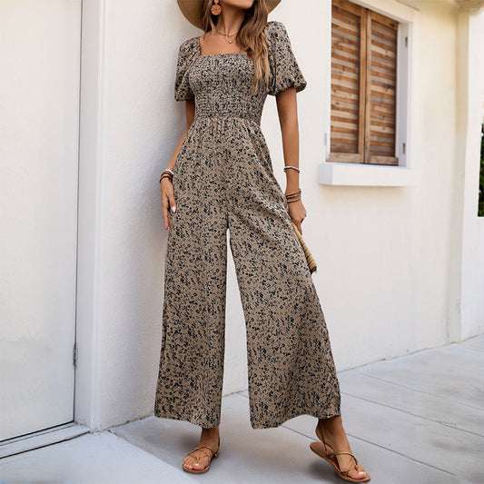 Summer Jumpsuit Square Collar Puff Sleeve Wide Leg Pants Printed Jumpsuit