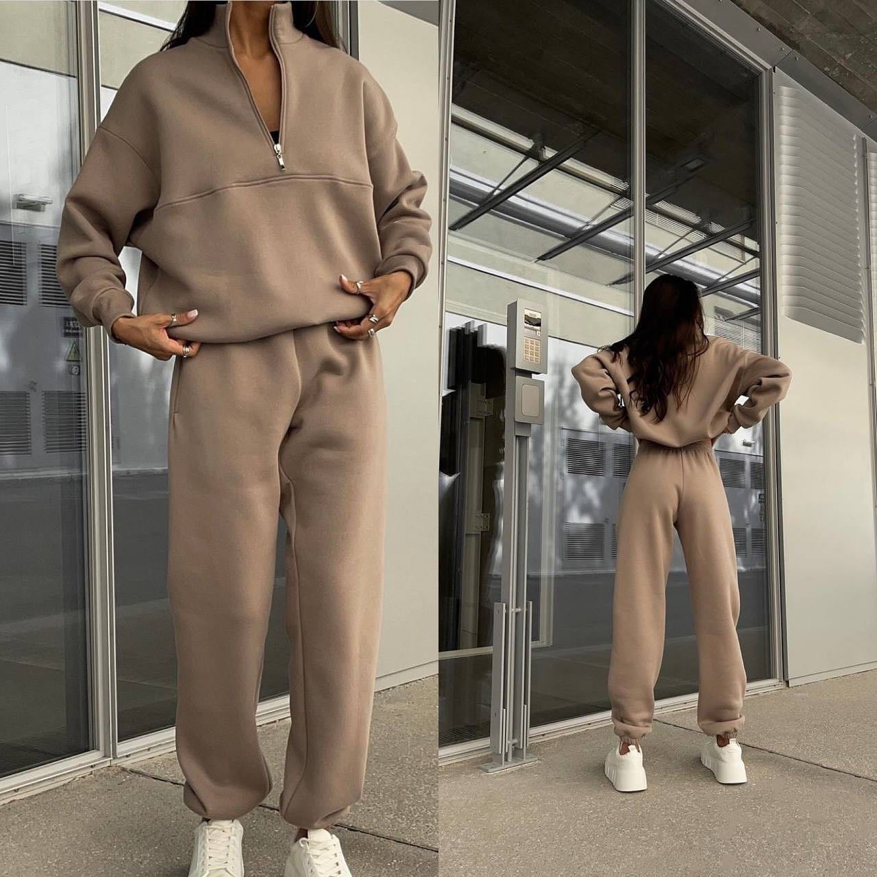 Long Sleeved Zipped Stand Collar Sweater Suit Autumn Winter Comfort Loose Sports Sweater Two Piece Set