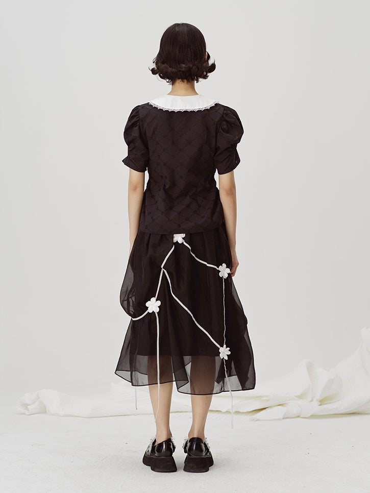 Black Embroidered Midi Skirt - Sheer Overlay Asymmetric Gothic Lolita Style