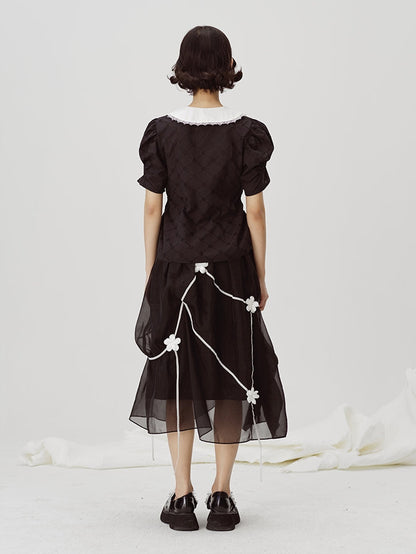 Black Embroidered Midi Skirt - Sheer Overlay Asymmetric Gothic Lolita Style