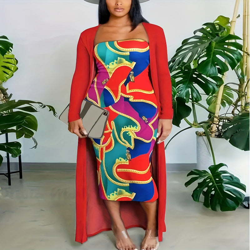 Clothing Spring Autumn Tube Top Dress Long Coat Two Piece Set