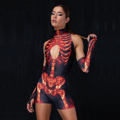 Halloween Skull Skeleton Printing Stylish Sleeveless Jumpsuit Shorts Cuff