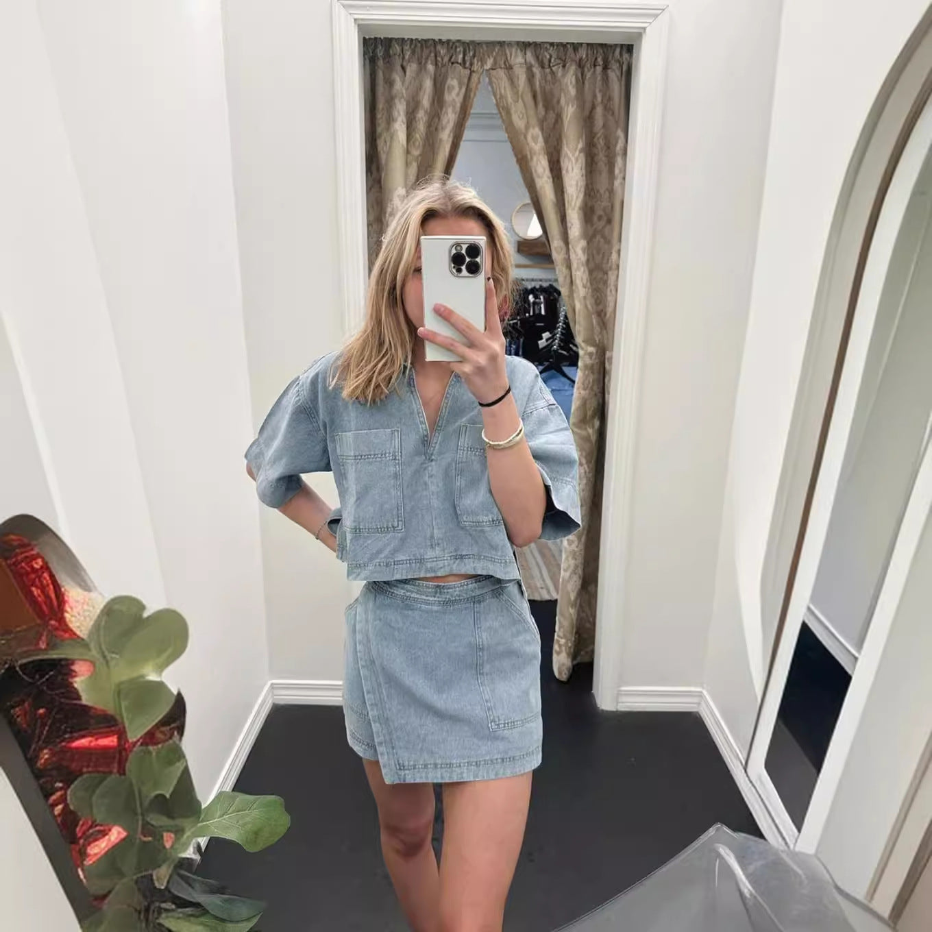 Comfort Denim Summer Loose Slimming Polo Short Sleeve Shirt Irregular Asymmetric Pantskirt Two Piece Set