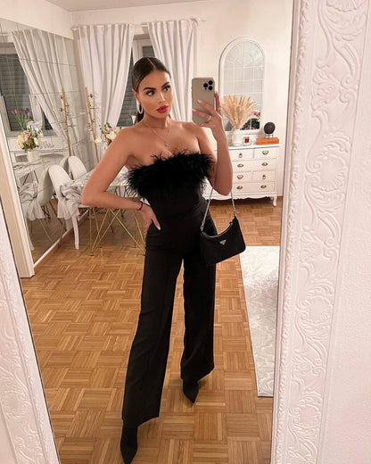 Spring Summer Clothing Deep V Plunge Feather Jumpsuit Trousers