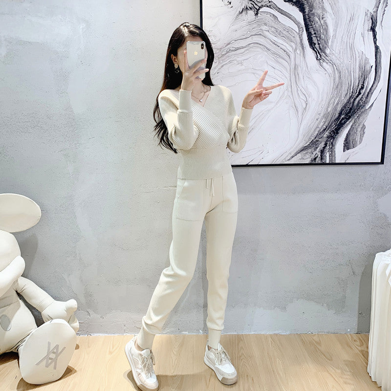 Socialite Outfit Autumn Short Shoulder Baring Sweater Top Ankle Tied Trousers Two Piece Set