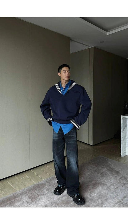 Weave Studio Navy Blue Sailor Collar Sweatshirt - Oversized Nautical V-neck Pullover