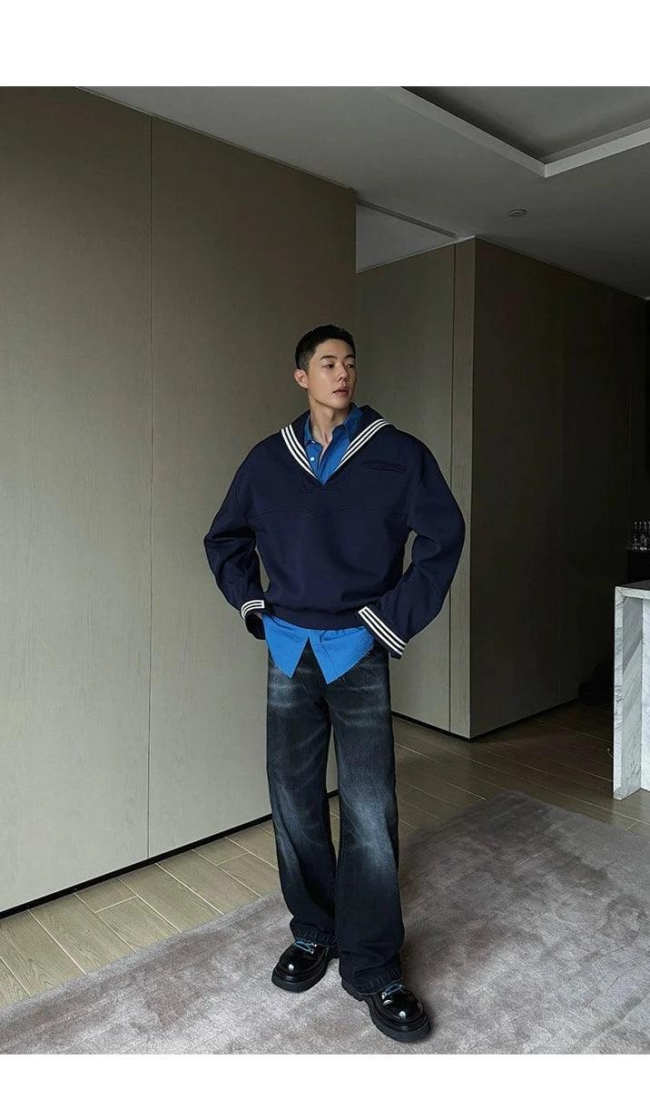 Weave Studio Navy Blue Sailor Collar Sweatshirt - Oversized Nautical V-neck Pullover