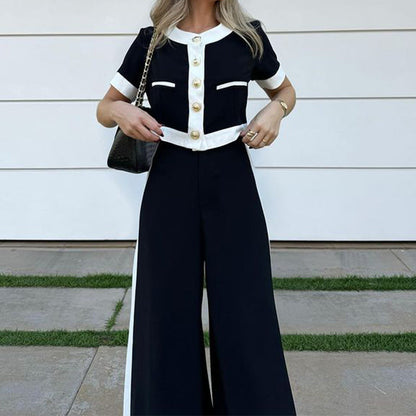 Autumn Winter Clothing Office T Shirt Shory Top Straight Leg Pants Suit Two Piece Set