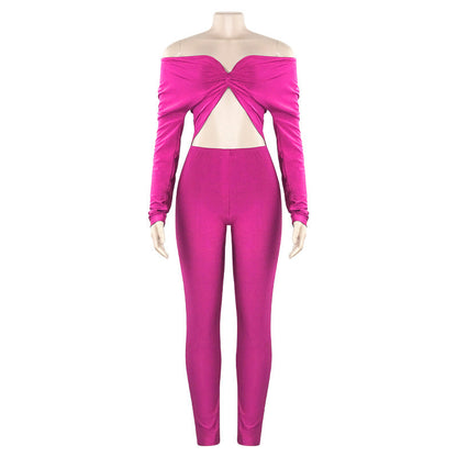 Autumn Color V Neck Twist Hollow Out Cutout Cropped High Waist Long Sleeve Jumpsuit