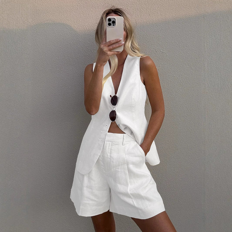 Cotton Linen Vest Shorts Set Summer Office Vest Shorts Set