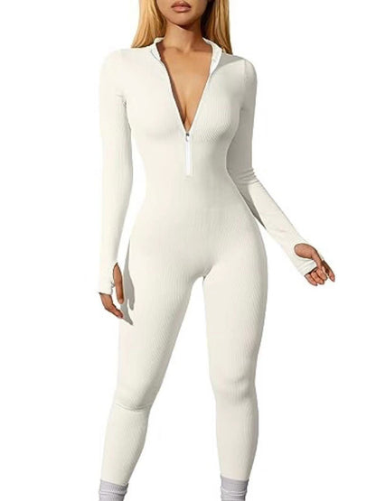 Sports Jumpsuit Workout Ribbed Long Sleeve Zipper Jumpsuit Trousers Tight