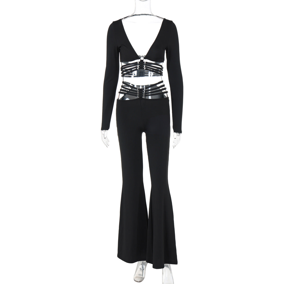 Clothing Autumn V Neck Long Sleeve Top Slim Fit Lace Up Wide Leg Pants Set