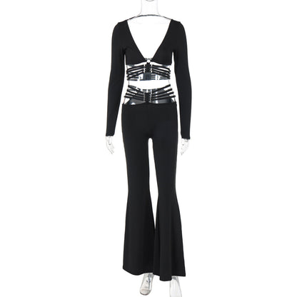 Clothing Autumn V Neck Long Sleeve Top Slim Fit Lace Up Wide Leg Pants Set