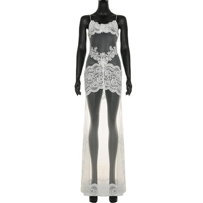 Summer Mesh Lace Lace Spaghetti Strap Dress See Through Nightdress Vacation Maxi Dress