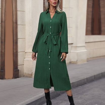 Autumn Long Sleeve Pleated Cardigan Dress Office Collared Shirt Dress