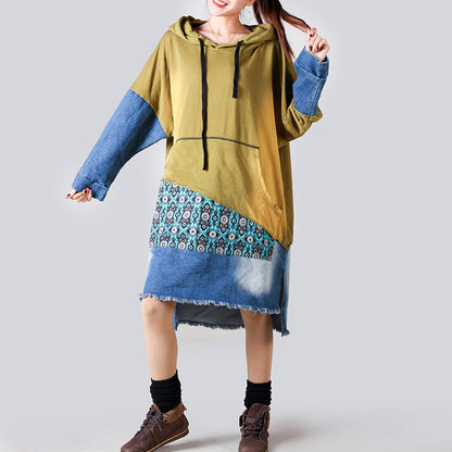 Patchwork Hooded Sweater Mid Length Retro Slimming Printed Pullover