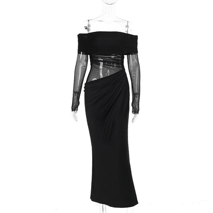 Summer Maxi Dress Off the Shoulder Mesh Hollow Out Cutout Dress