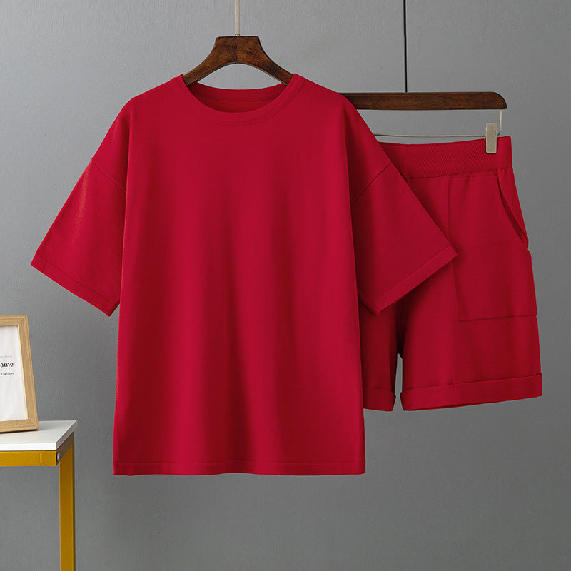 Color Round Neck Short Sleeve T Shirt Shorts Set Summer Loose Outer Wear Ice Silk Two Piece Suit