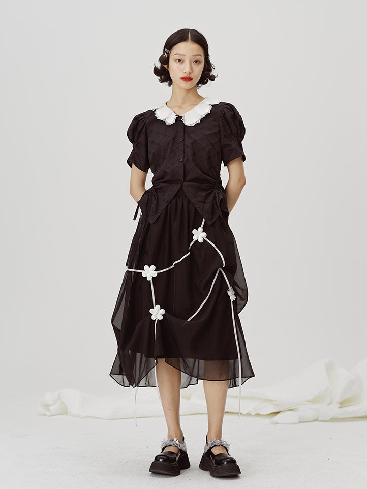 Black Embroidered Midi Skirt - Sheer Overlay Asymmetric Gothic Lolita Style