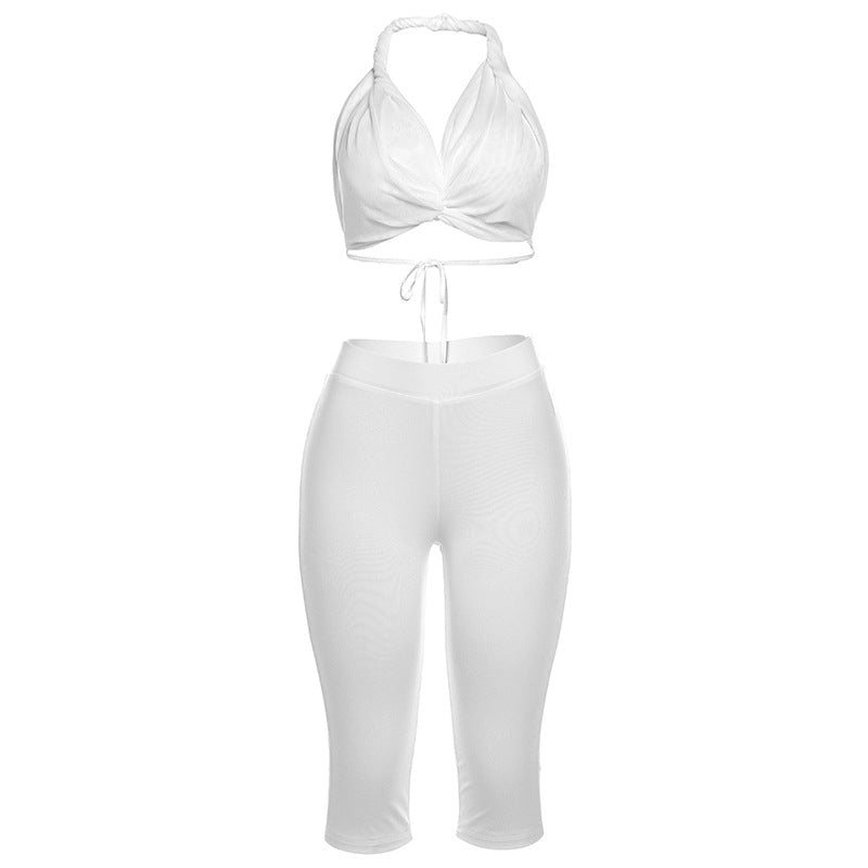 Fall Clothing Halter Bikini Backless Lace Up Cropped Pants Suit