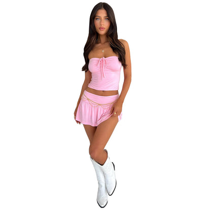 Clothing Tube Top Pleating Double Layer Pantskirt Two Piece Set