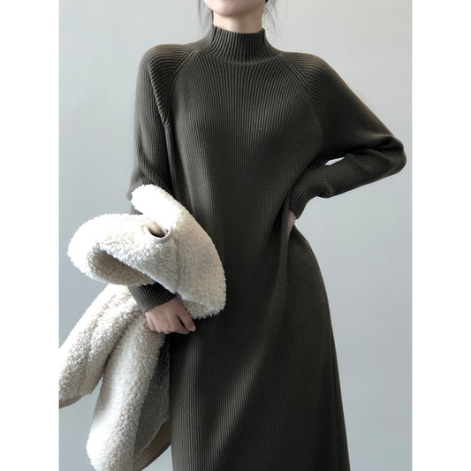 Knitted Dress Winter Half Turtleneck Bottoming Sweater Mid Length Overknee Dress