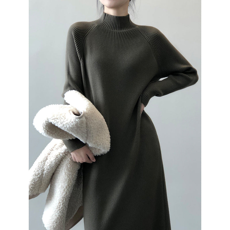 Knitted Dress Winter Half Turtleneck Bottoming Sweater Mid Length Overknee Dress