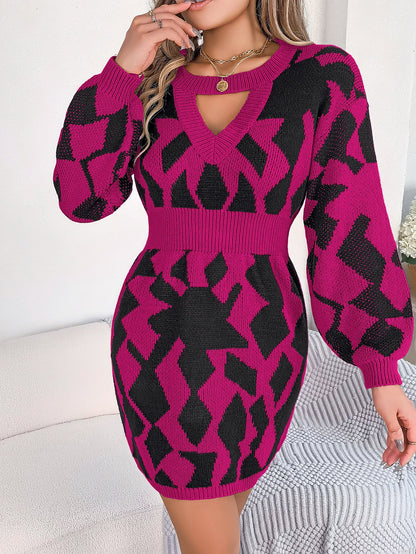 Autumn Winter Color Matching Hollow Out Cutout Out Lantern Sleeve Fitted Waist Sweater Dress Clothing
