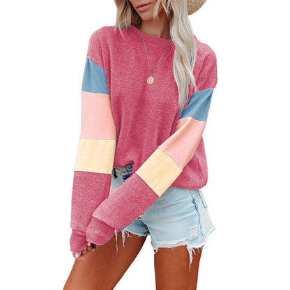 Pullover Sweatshirt Spring Autumn Round Neck Long Sleeve Contrast Color Long Sleeve T Shirt